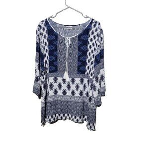 Avenue Peasant Blouse 22/24 Gauze Long Sleeve Boho Casual Pullover Blue Womens